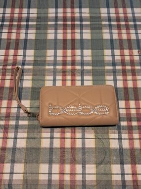 bebe‎ Taupe Quilted Wristlet Wallet with Crystal Logo